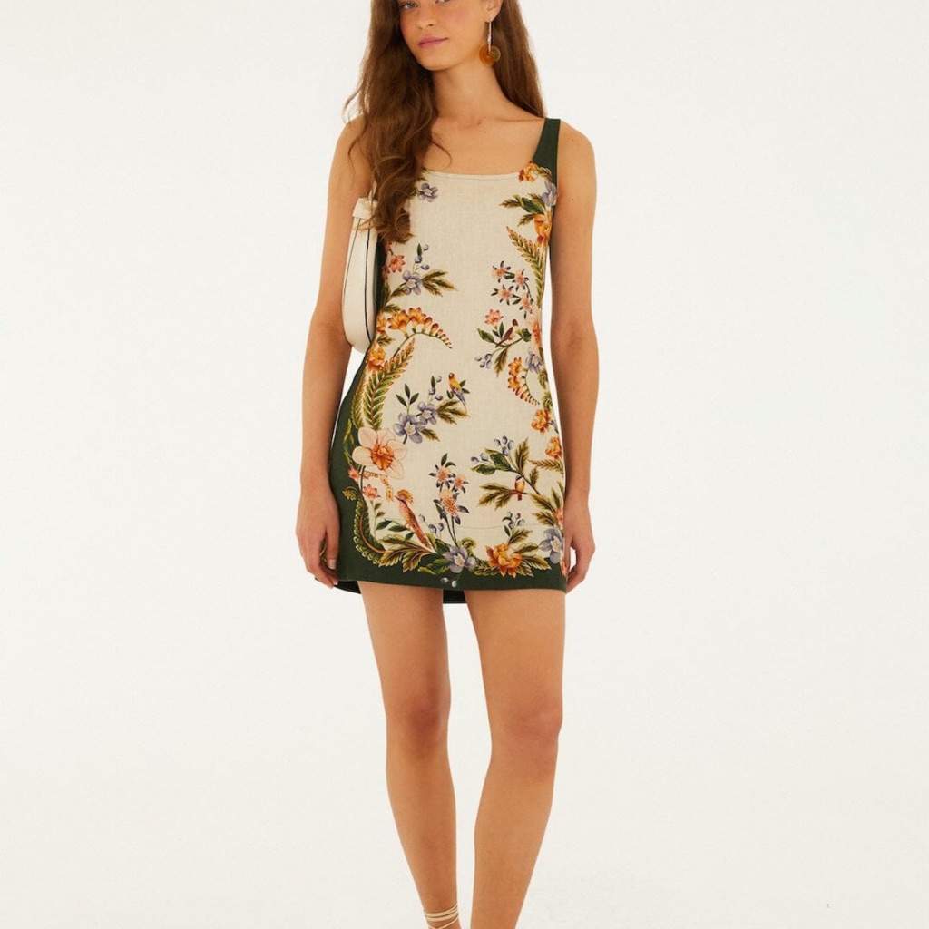 Farm Rio Cream Floral Mini Dress With Dark Green Trim